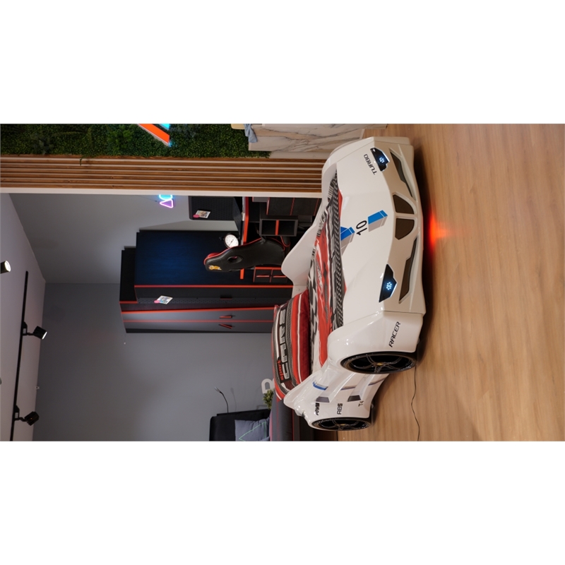 Titi Racer Modern GTI Wood Twin Race Car Bed with Remote Control in White