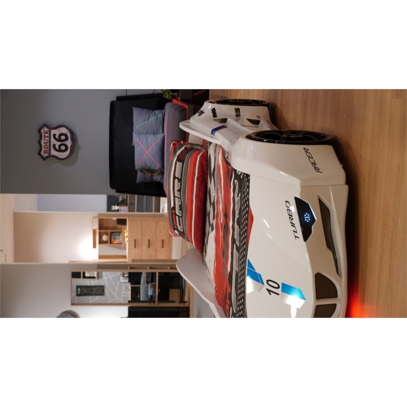 Titi Racer Modern GTI Wood Twin Race Car Bed with Remote Control in White