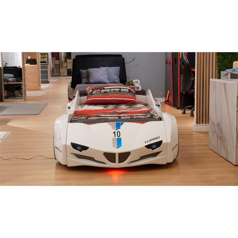 Titi Racer Modern GTI Wood Twin Race Car Bed with Remote Control in White