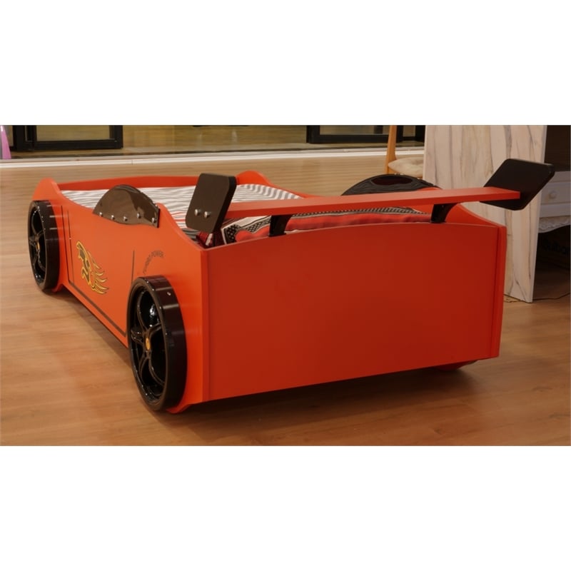 Titi Racer Modern Woody Twin Race Car Bed with LED Headlights in Red