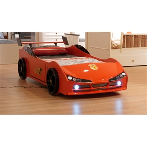 Titi Racer Modern Woody Twin Race Car Bed with LED Headlights in Red