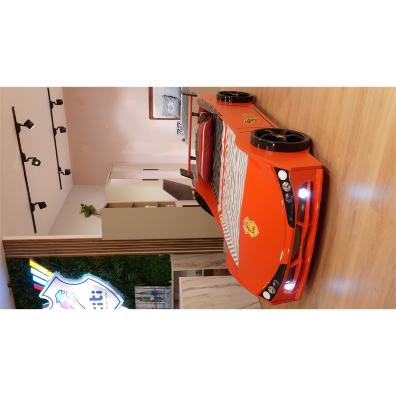 Titi Racer Modern Woody Twin Race Car Bed with LED Headlights in Red