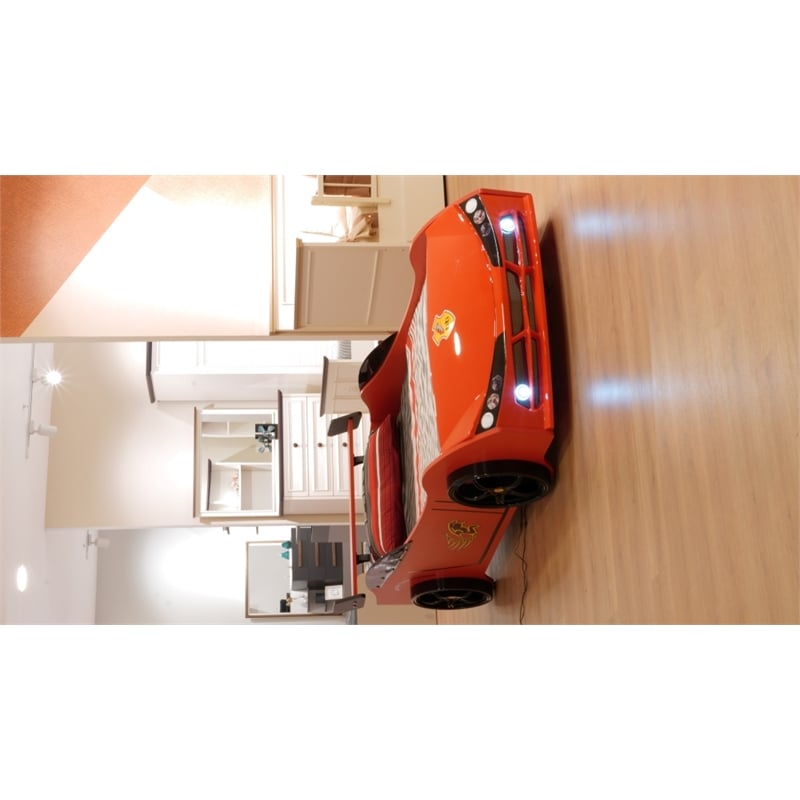 Titi Racer Modern Woody Twin Race Car Bed with LED Headlights in Red