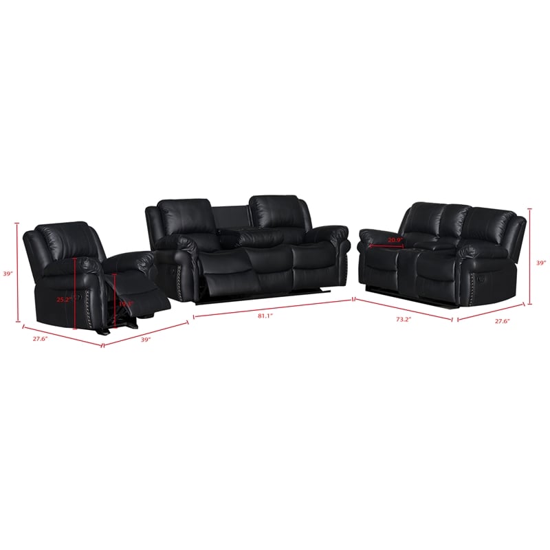 Hybition 3 - Piece Living Room Set Faux Leather Sofa Set-Black