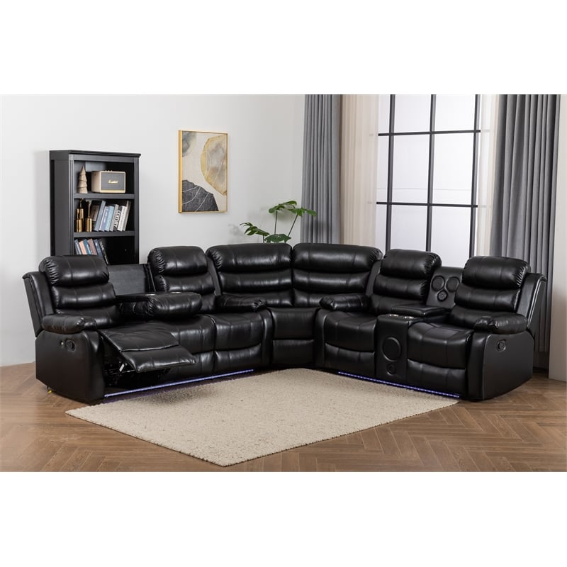 Hybition Faux Leather Living Room Set Modern Reclining Sectional Sofa Set- Black