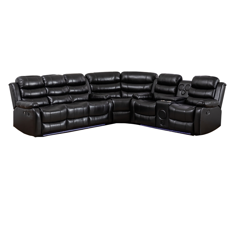 Hybition Faux Leather Living Room Set Modern Reclining Sectional Sofa Set- Black