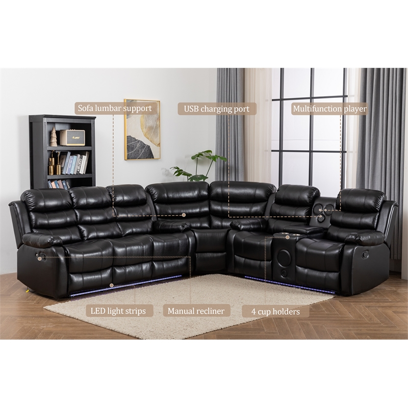 Hybition Faux Leather Living Room Set Modern Reclining Sectional Sofa Set- Black