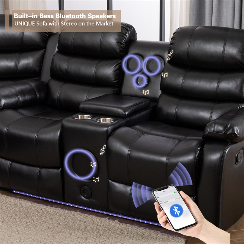 Hybition Faux Leather Living Room Set Modern Reclining Sectional Sofa Set- Black