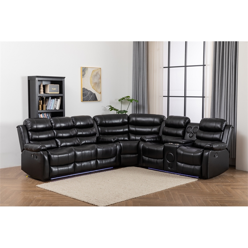 Hybition Faux Leather Living Room Set Modern Reclining Sectional Sofa Set- Black