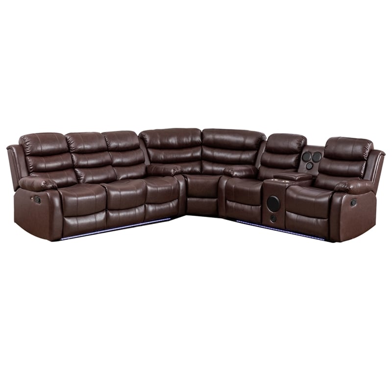 Hybition Faux Leather Living Room Set Modern Reclining Sectional Sofa Set- Brown