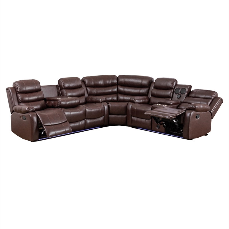 Hybition Faux Leather Living Room Set Modern Reclining Sectional Sofa Set- Brown