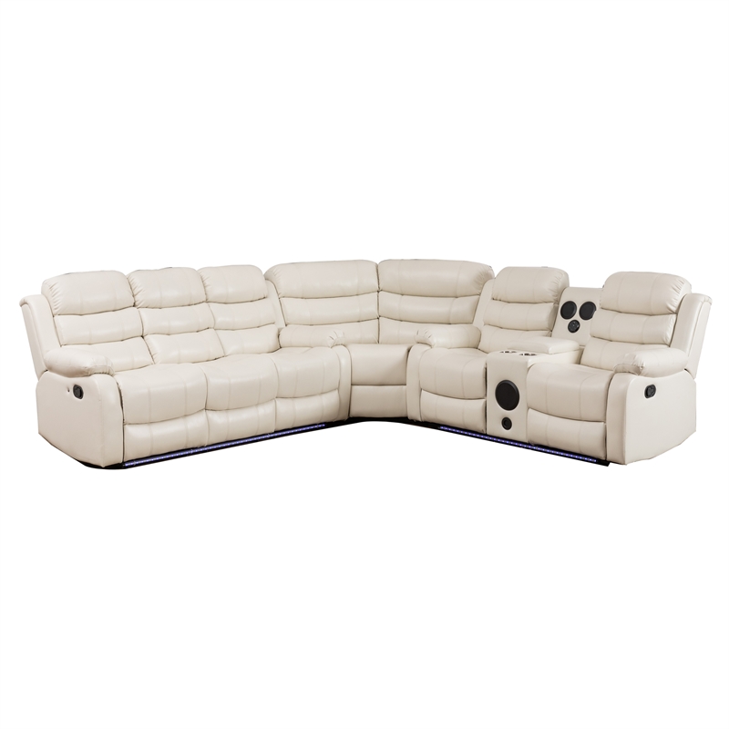 Hybition Faux Leather Living Room Set Modern Reclining Sectional Sofa Set -White