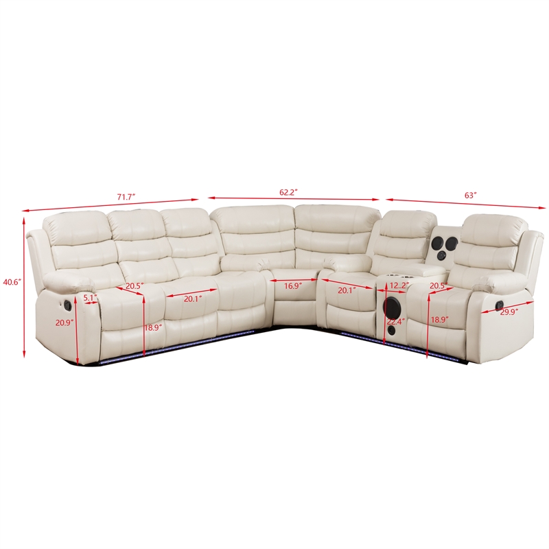 Hybition Faux Leather Living Room Set Modern Reclining Sectional Sofa Set -White