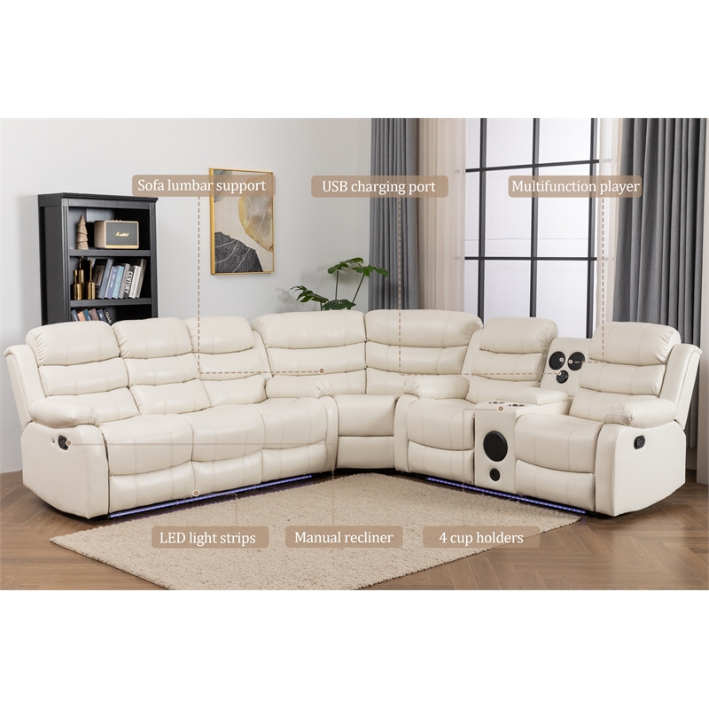 Hybition Faux Leather Living Room Set Modern Reclining Sectional Sofa Set -White