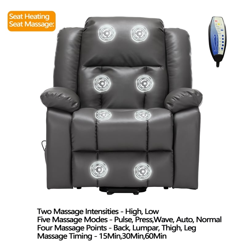 Hybition Faux Leather Lift Assist Recliner Chair with Heat and Massage Dark Grey