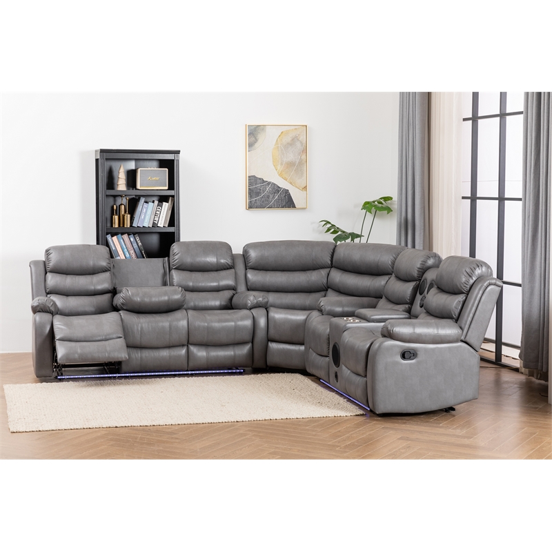 Hybition Faux Leather Living Room Set Modern Reclining Sectional Sofa  Set- Gray