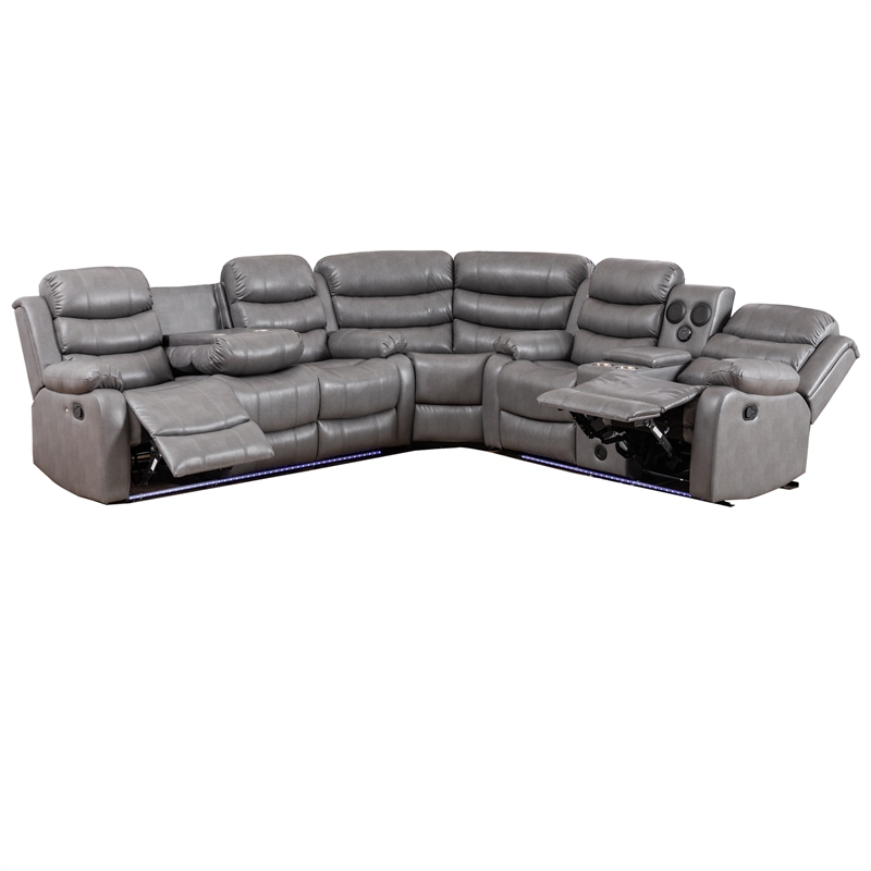 Hybition Faux Leather Living Room Set Modern Reclining Sectional Sofa  Set- Gray