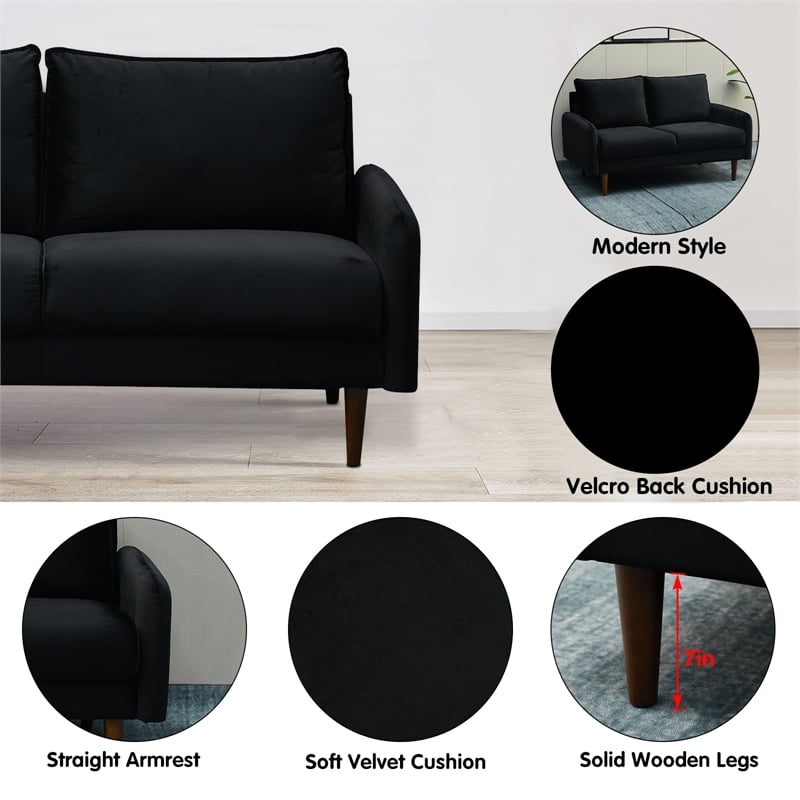 Hybition Velvet Sofa Modern Couch with Wooden Legs for Living Room - Black