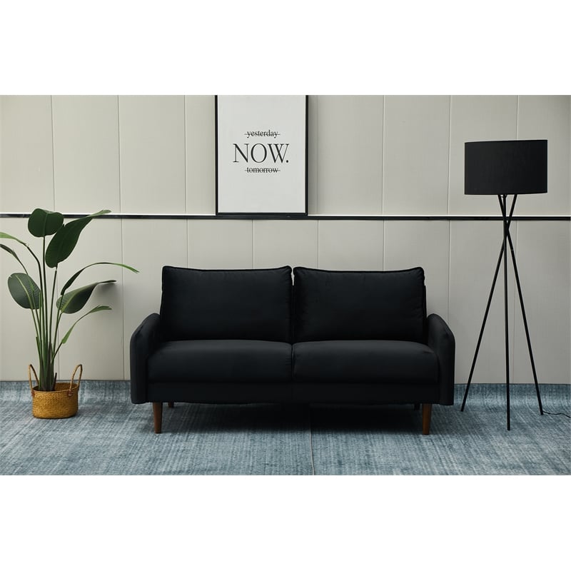 Hybition Velvet Sofa Modern Couch with Wooden Legs for Living Room - Black