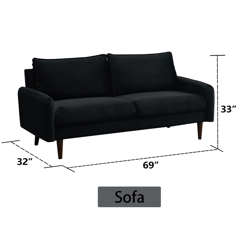 Hybition Velvet Sofa Modern Couch with Wooden Legs for Living Room - Black