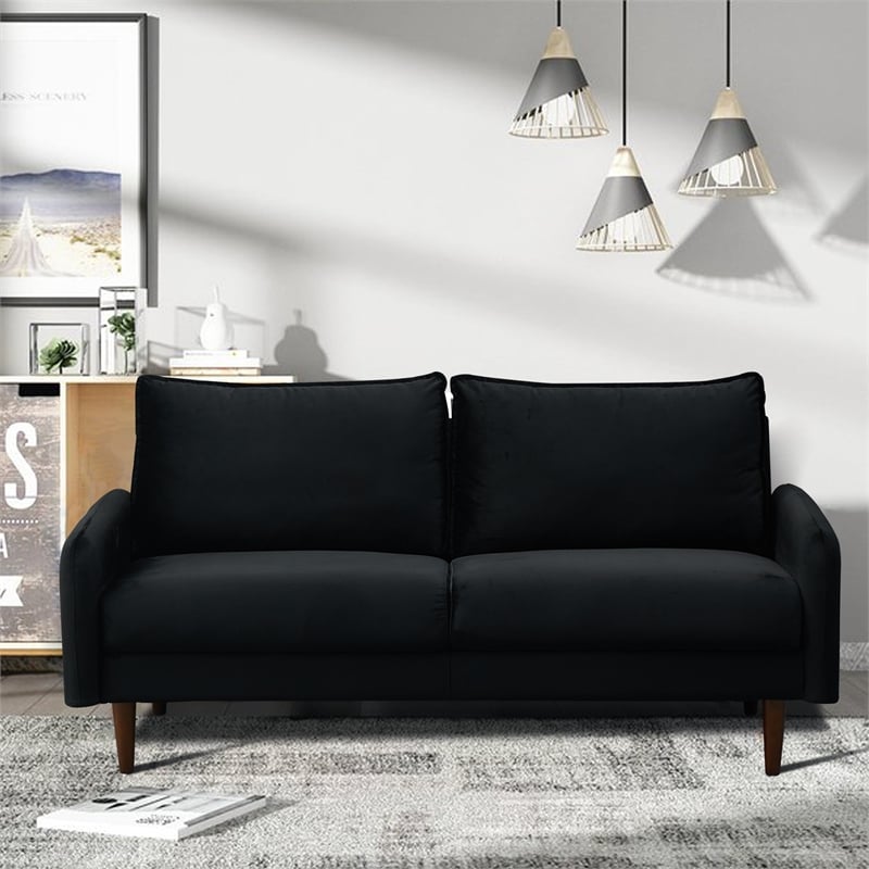 Hybition Velvet Sofa Modern Couch with Wooden Legs for Living Room - Black