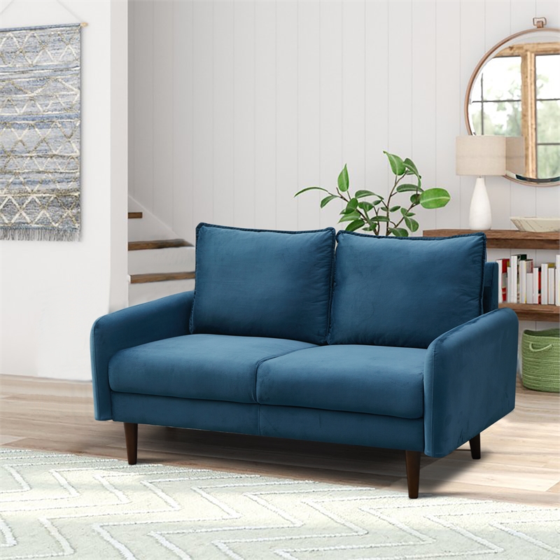 Hybition Velvet Loveseat Modern Sofa Wooden Legs for Living Room-Prussian Blue