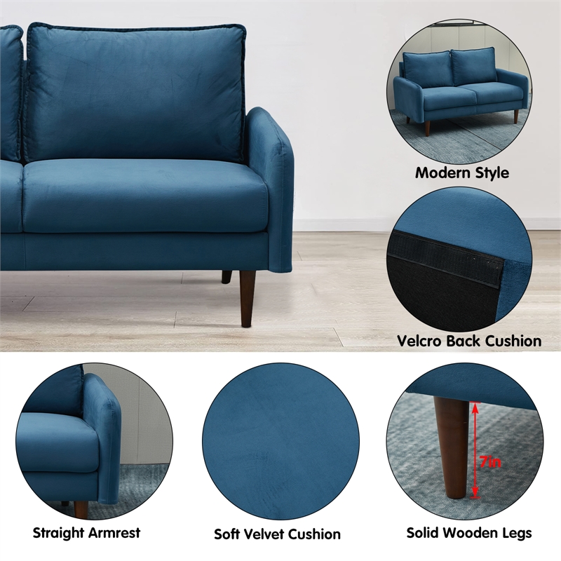 Hybition Velvet Loveseat Modern Sofa Wooden Legs for Living Room-Prussian Blue