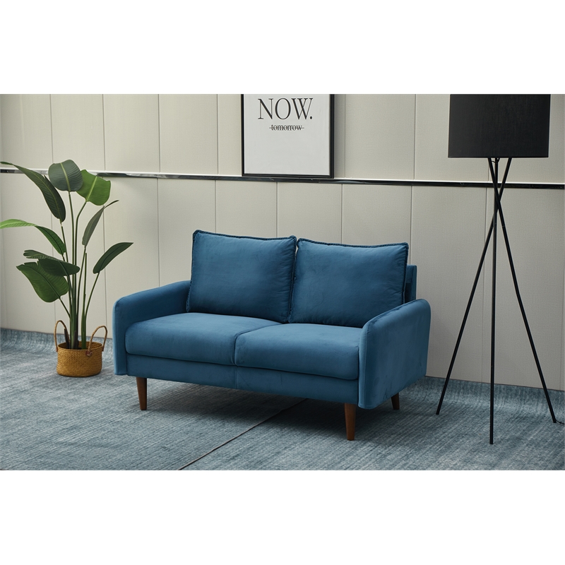 Hybition Velvet Loveseat Modern Sofa Wooden Legs for Living Room-Prussian Blue