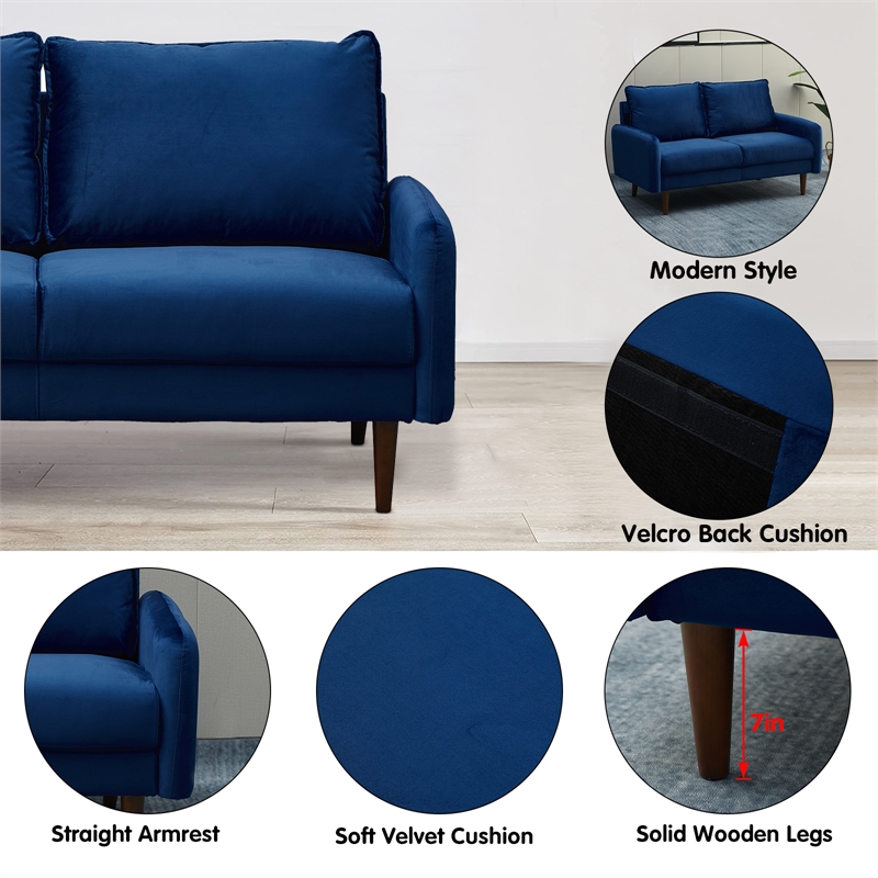 Hybition Velvet Sofa Modern Couch with Wooden Legs for Living Room - Space Blue