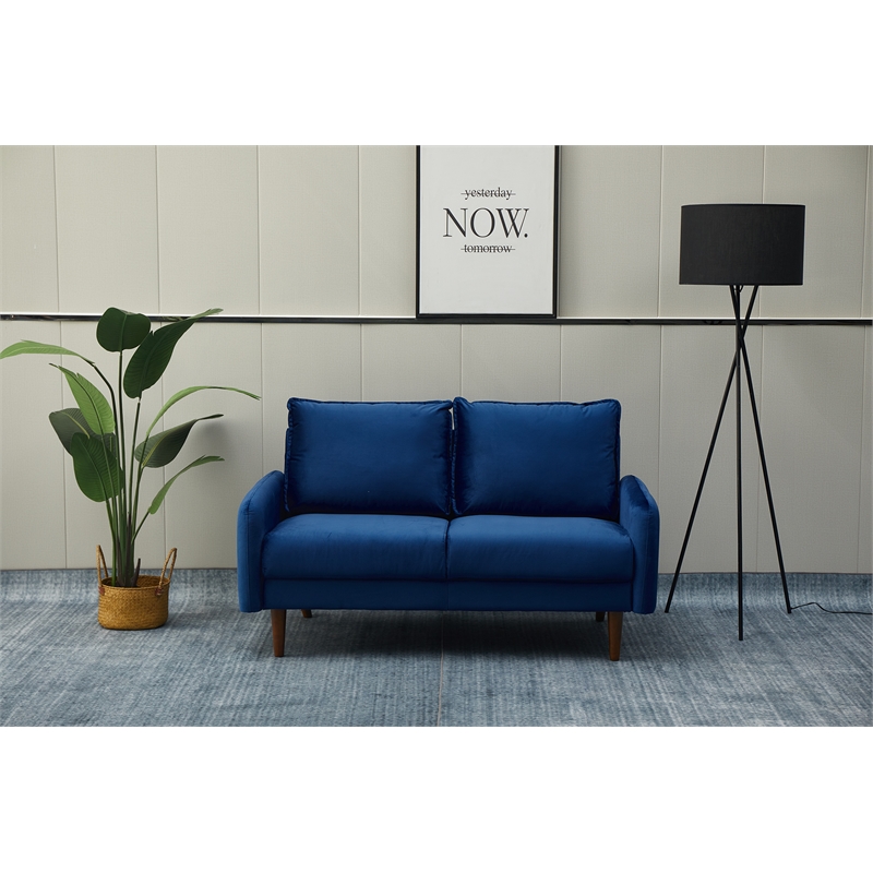 Hybition Velvet Loveseat Modern Sofa with Wooden Legs for Living Room-Space Blue