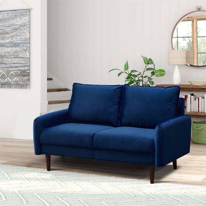 Hybition Velvet Loveseat Modern Sofa with Wooden Legs for Living Room-Space Blue