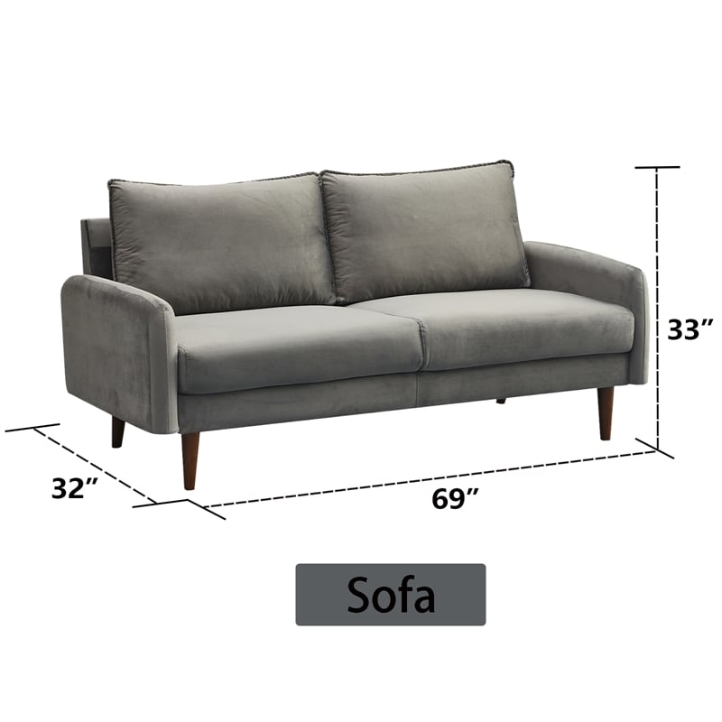 Hybition Velvet Sofa Modern Couch with Wooden Legs for Living Room - Gray