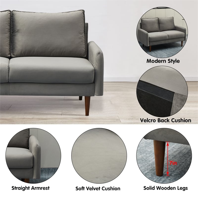 Hybition Velvet Sofa Modern Couch with Wooden Legs for Living Room - Gray