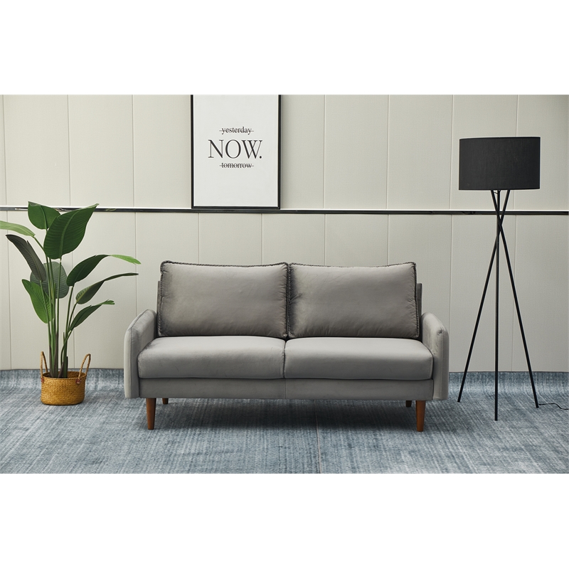 Hybition Velvet Sofa Modern Couch with Wooden Legs for Living Room - Gray