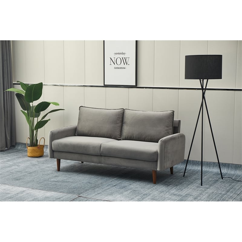 Hybition Velvet Sofa Modern Couch with Wooden Legs for Living Room - Gray