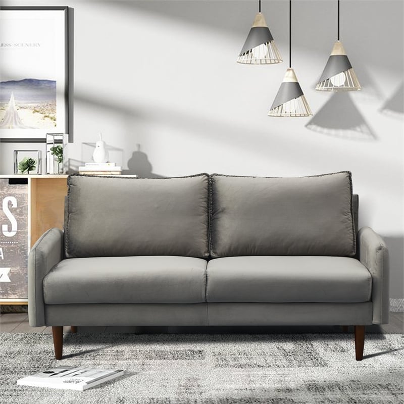 Hybition Velvet Sofa Modern Couch with Wooden Legs for Living Room - Gray