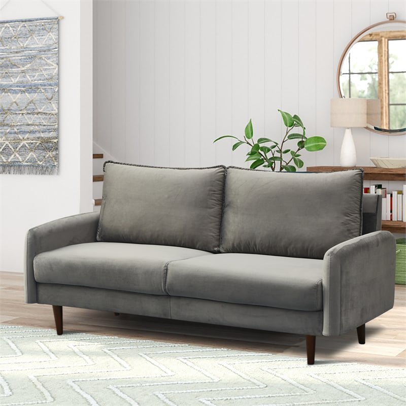 Hybition Velvet Sofa Modern Couch with Wooden Legs for Living Room - Gray