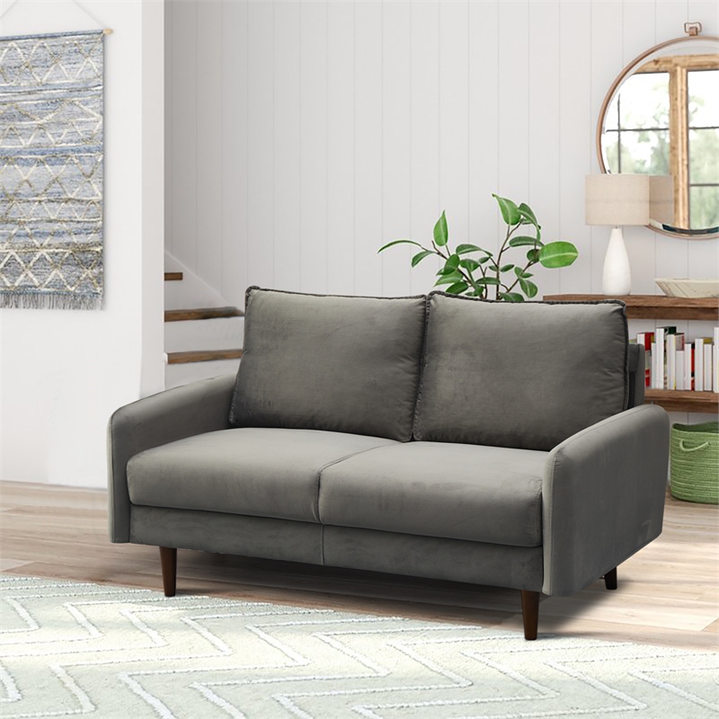 Hybition Velvet Loveseat Modern Sofa with Wooden Legs for Living Room - Gray