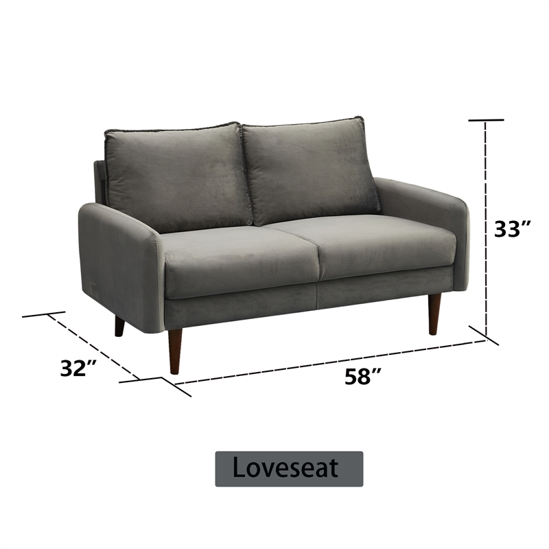 Hybition Velvet Loveseat Modern Sofa with Wooden Legs for Living Room - Gray