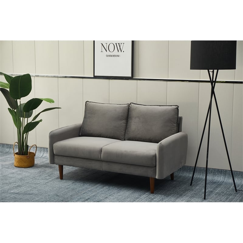 Hybition Velvet Loveseat Modern Sofa with Wooden Legs for Living Room - Gray