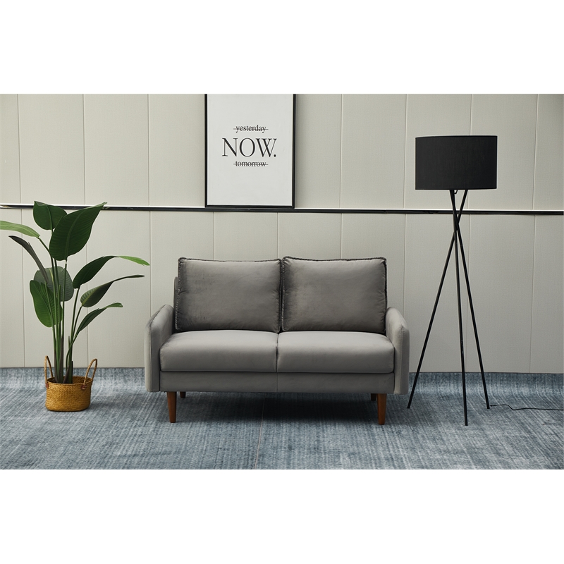 Hybition Velvet Loveseat Modern Sofa with Wooden Legs for Living Room - Gray