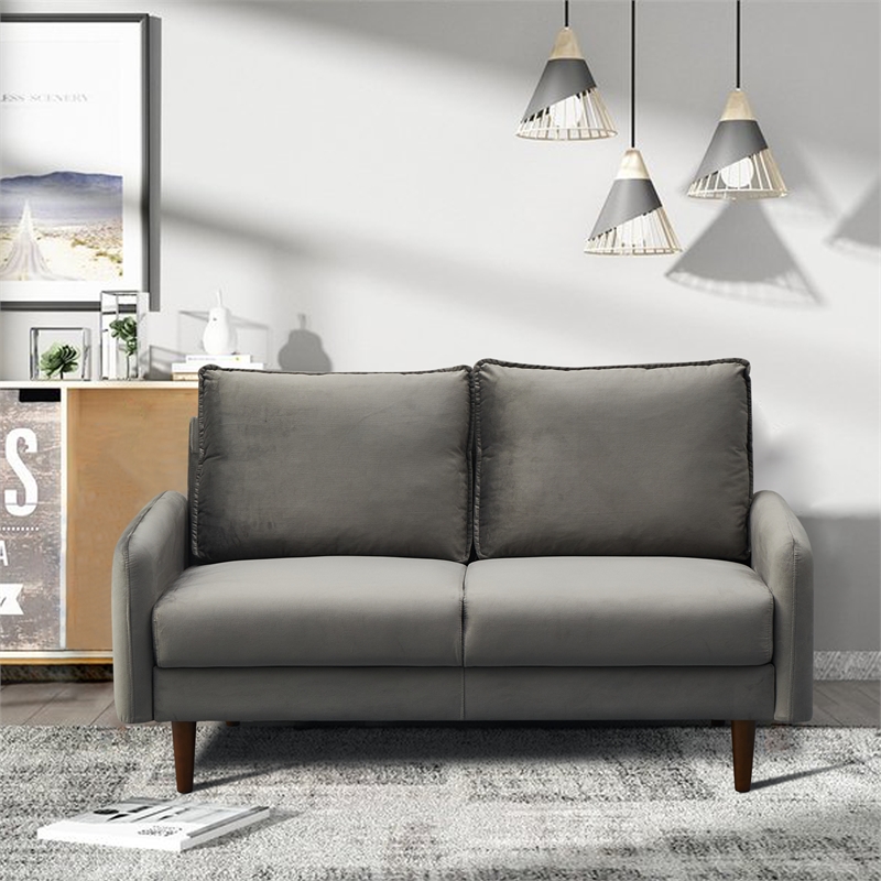 Hybition Velvet Loveseat Modern Sofa with Wooden Legs for Living Room - Gray