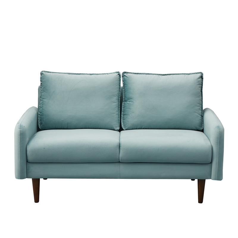 Hybition Velvet Loveseat Modern Sofa with Wooden Legs for Living Room - Cyan