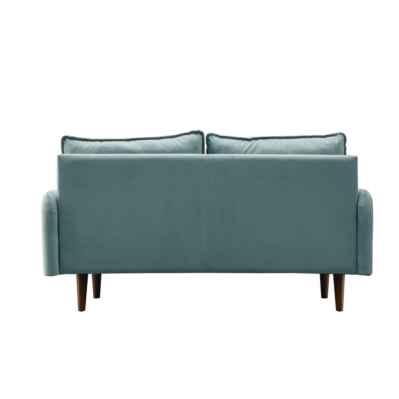 Hybition Velvet Loveseat Modern Sofa with Wooden Legs for Living Room - Cyan