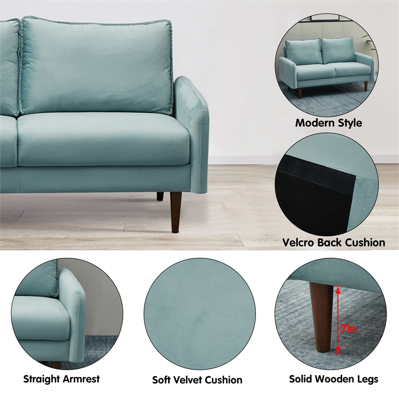 Hybition Velvet Loveseat Modern Sofa with Wooden Legs for Living Room - Cyan