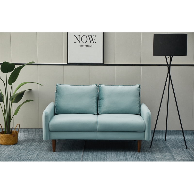 Hybition Velvet Loveseat Modern Sofa with Wooden Legs for Living Room - Cyan