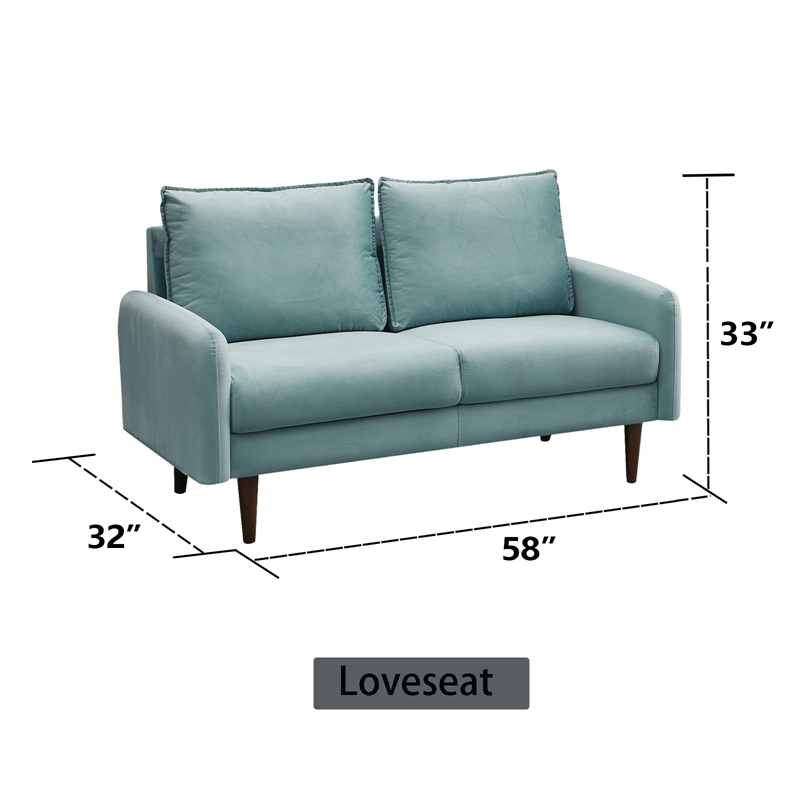 Hybition Velvet Loveseat Modern Sofa with Wooden Legs for Living Room - Cyan