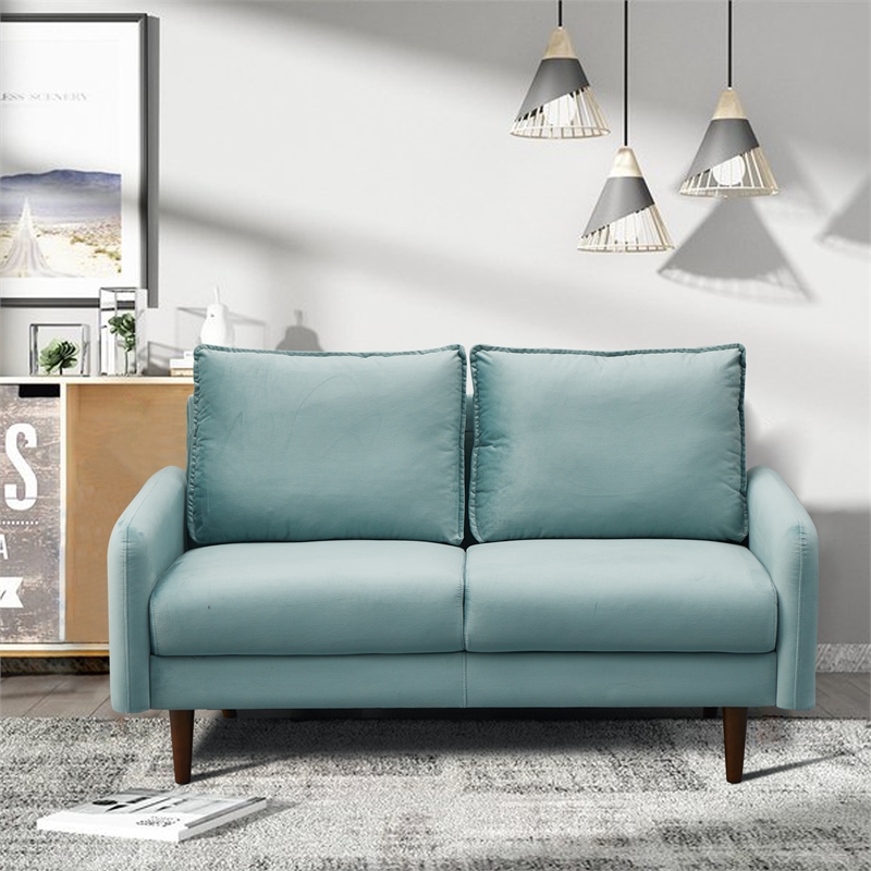 Hybition Velvet Loveseat Modern Sofa with Wooden Legs for Living Room - Cyan