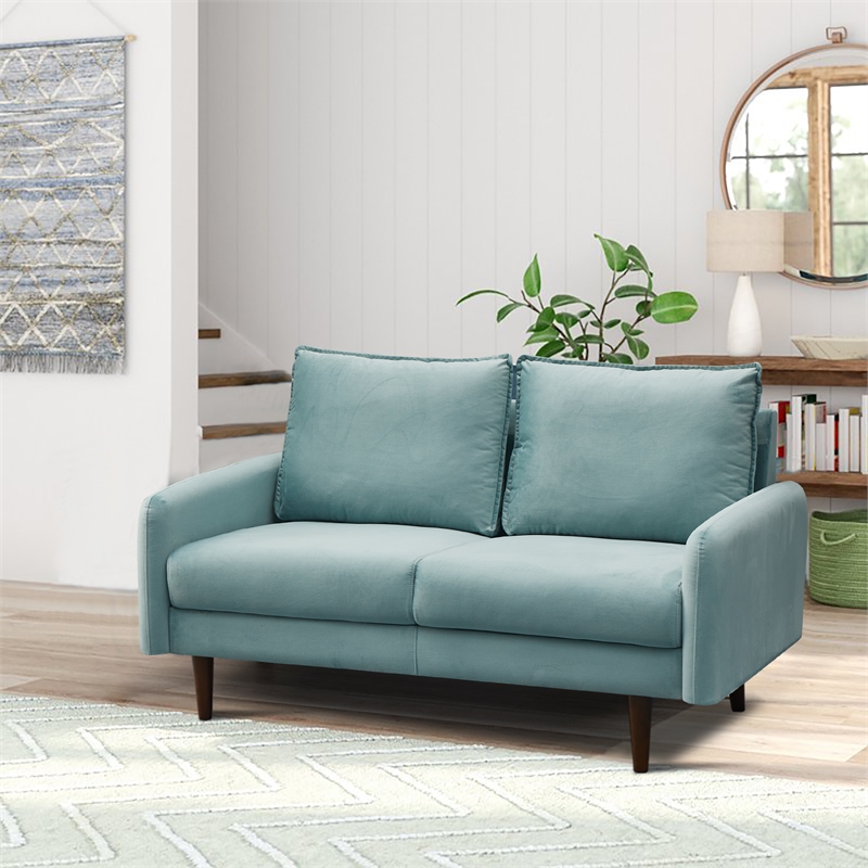 Hybition Velvet Loveseat Modern Sofa with Wooden Legs for Living Room - Cyan