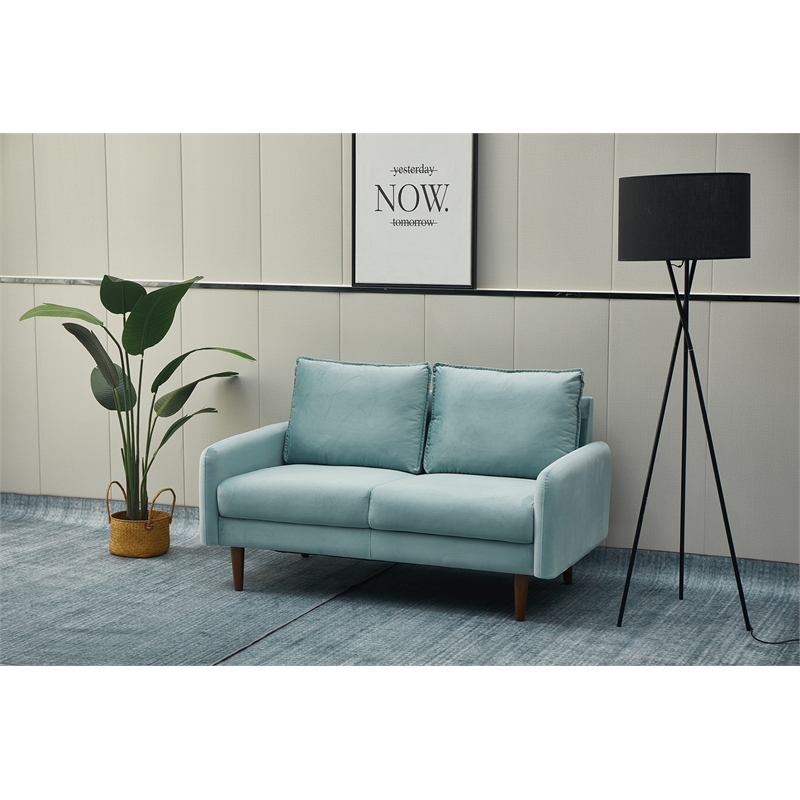 Hybition Velvet Loveseat Modern Sofa with Wooden Legs for Living Room - Cyan